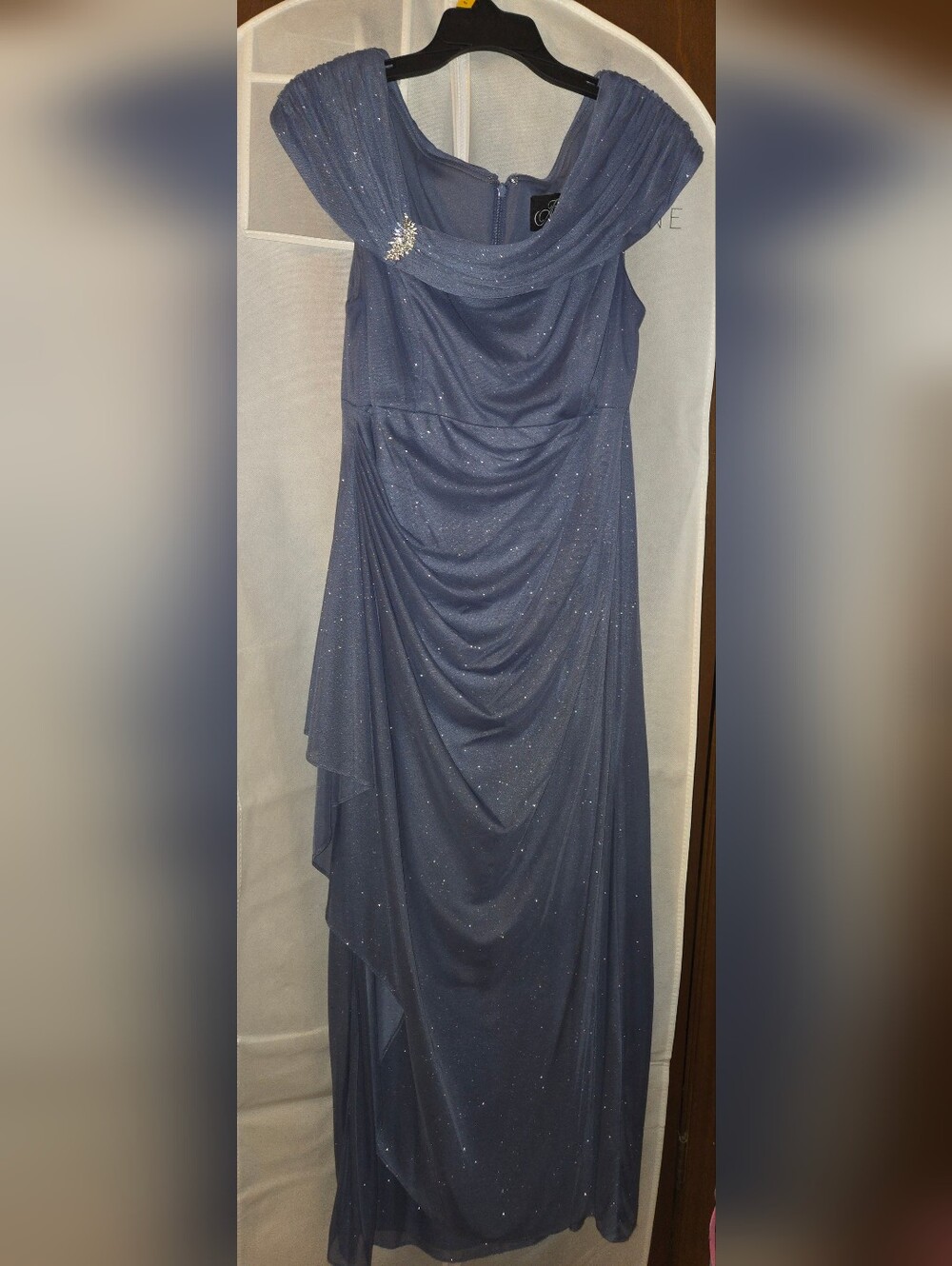 Alex Evenings Sparkling Slate Blue Draped Gown